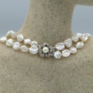 Natural pearl 2 strand necklace with a rare silver crystal clasp  A special gift