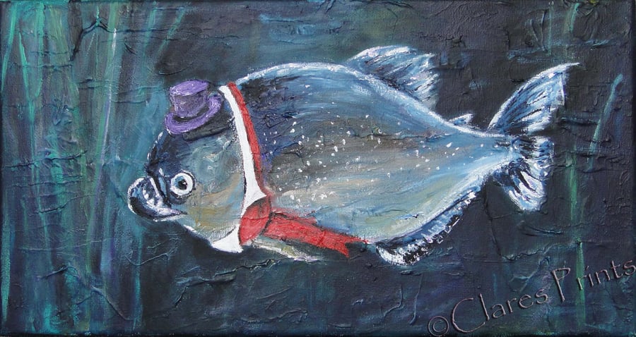 Steampunk Piranha Fish Original Art Acrylic Painting on Canvas OOAK Retro 