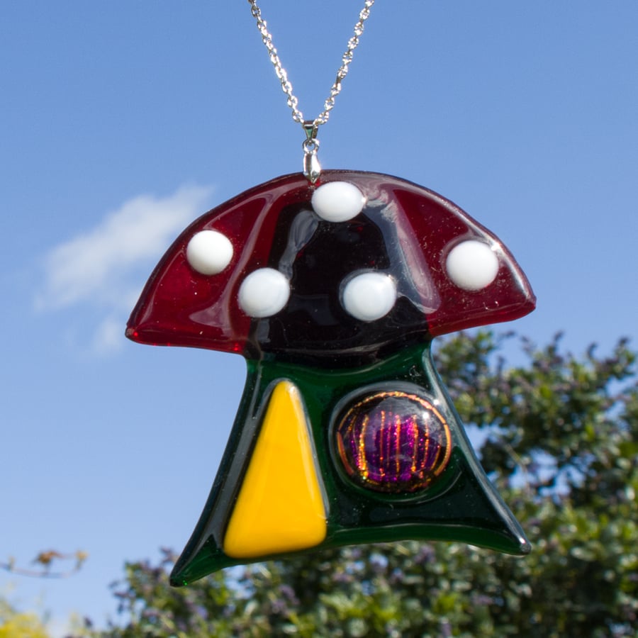 Green and Red Toadstool House in Fused Glass - 6159