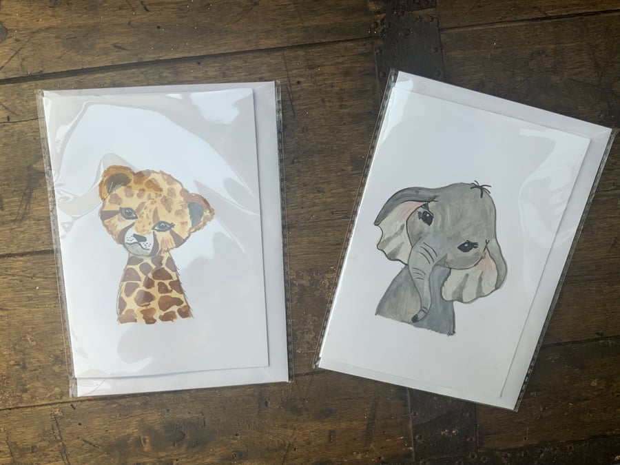 Cards. Children. 6” by 4”. Blank inside. Can paint animal to order. 