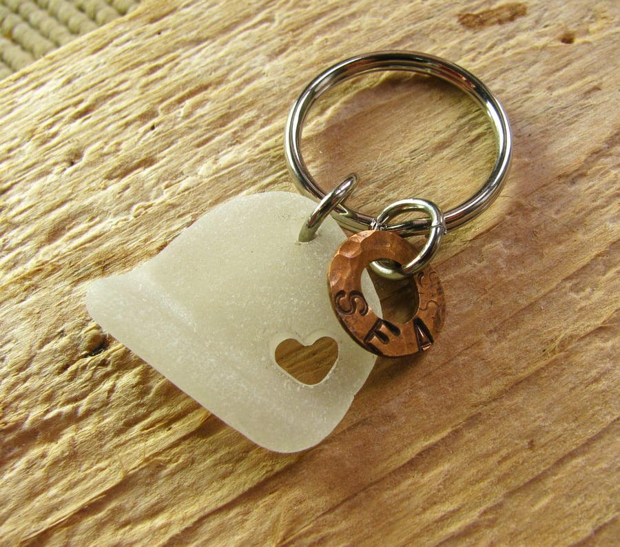 NaturaL sea glass, drilled heart keyring
