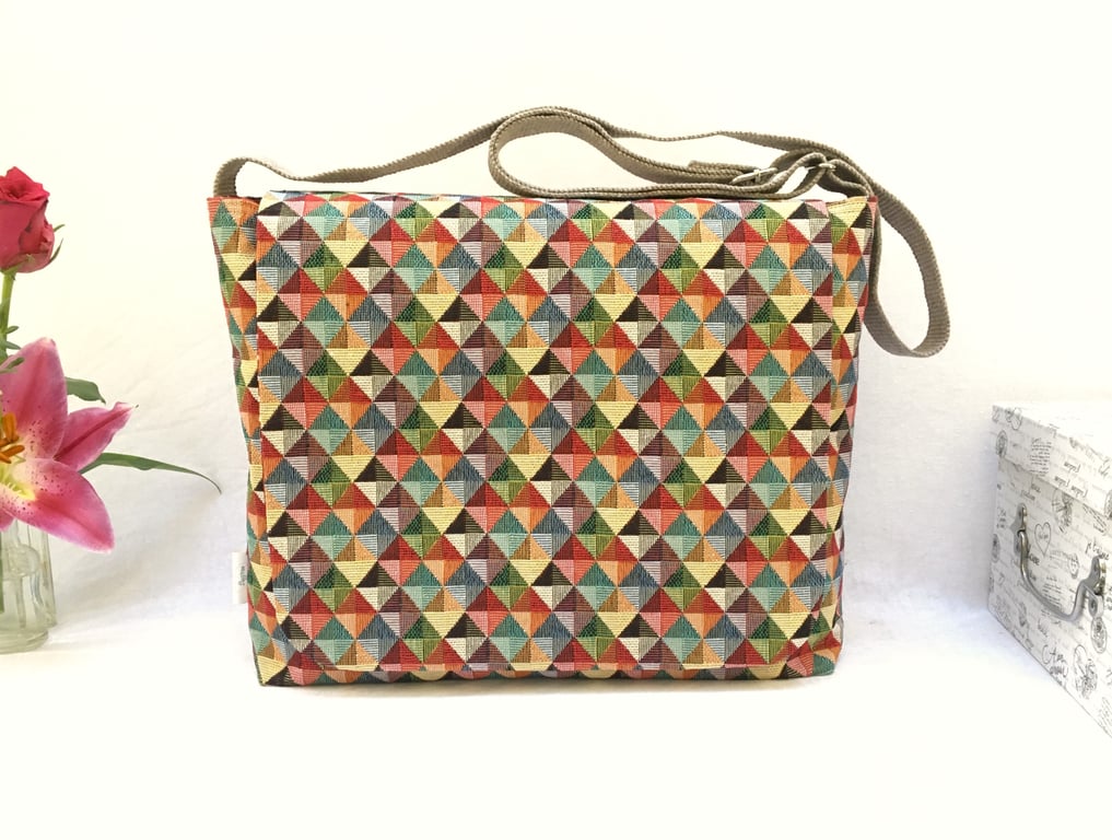 Tapestry messenger bag, large tapestry shoulder bag, colourful shoulder bag.