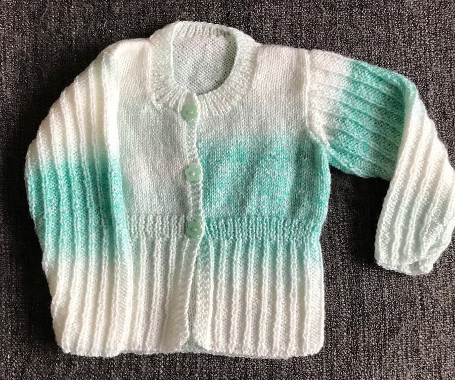 Green baby cardigan, size 12-18 m, hand knitted