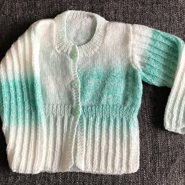 Green baby cardigan, size 12-18 m, hand knitted