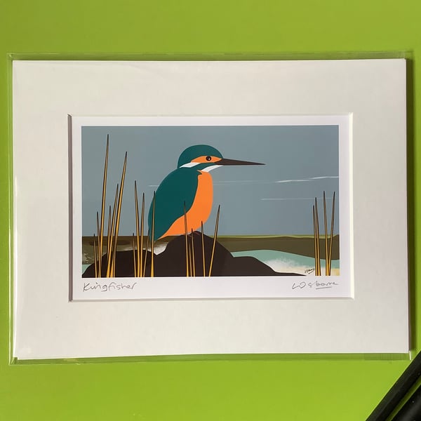 Kingfisher - signed mounted print of this colourful bird 