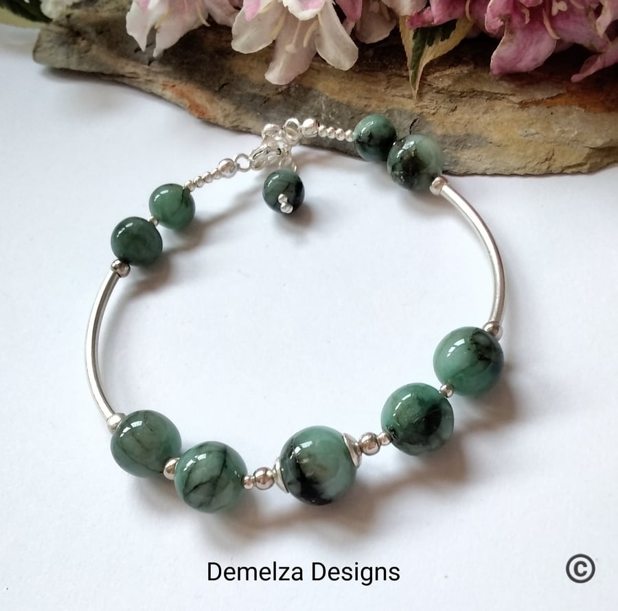 Natural Emerald Sterling Silver Bangle Style Bracelet