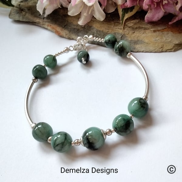 Natural Untreated Emerald Sterling Silver Bangle Style Bracelet
