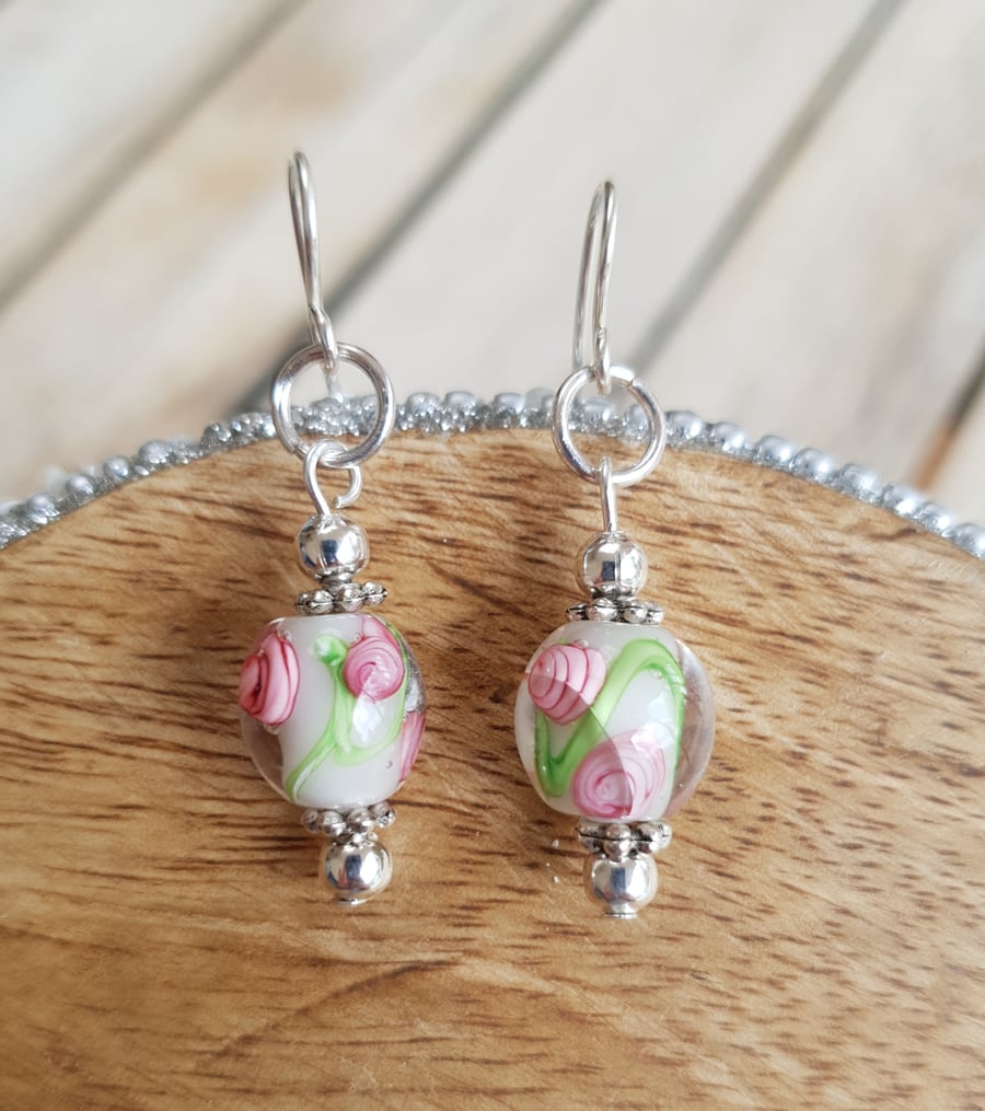 Floral Swirl Lampwork Glass Bead Dangle Earrings - White