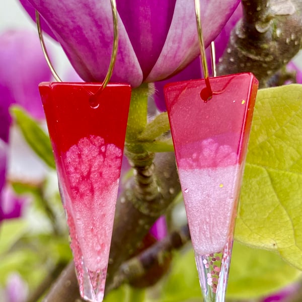 Handmade magenta pink resin and glitter triangle hoop earrings