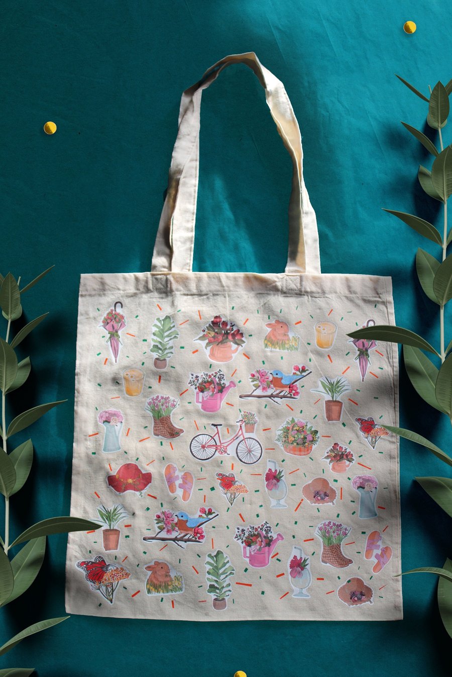 Floral Stickers Tote bag, Joyful Summer Tote bag, Original illustrated tote bag
