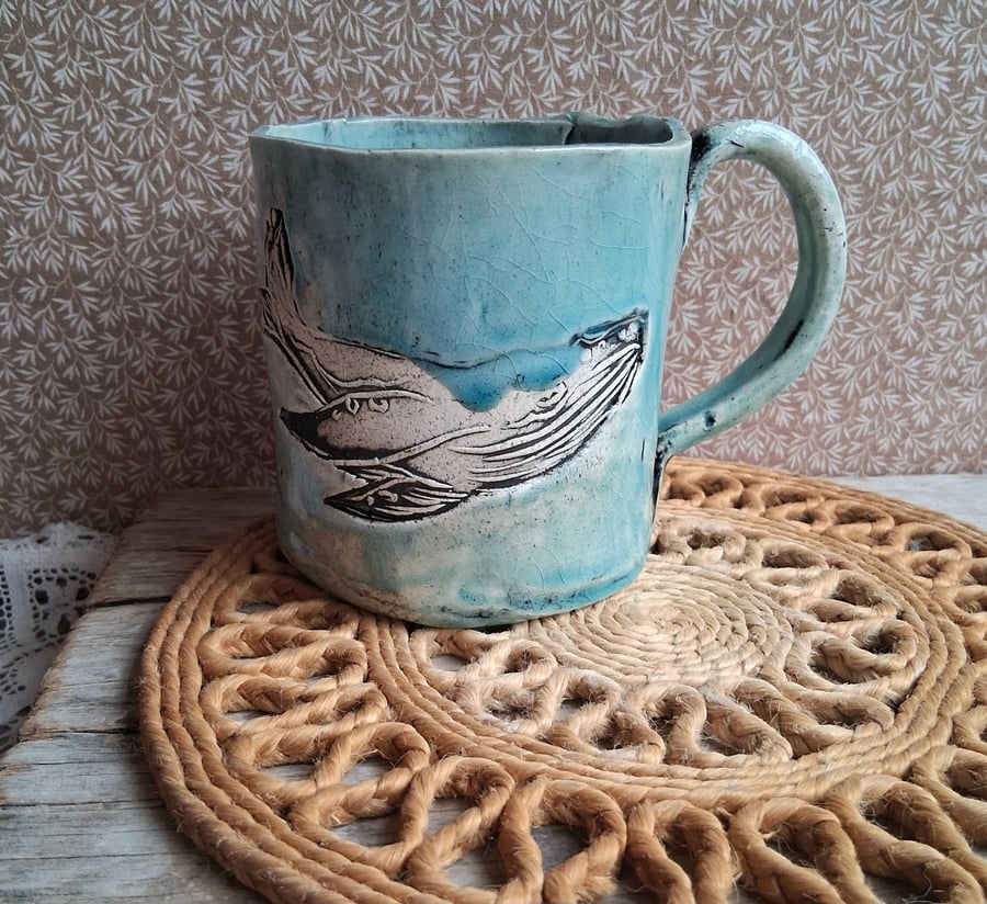 READY TO SHIP-Ceramic handmade coffee mug turq whale stoneware