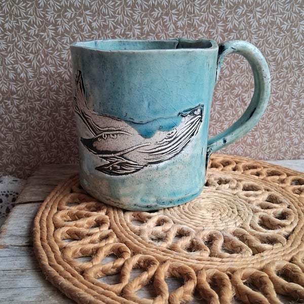 READY TO SHIP-Ceramic handmade coffee mug turq whale stoneware