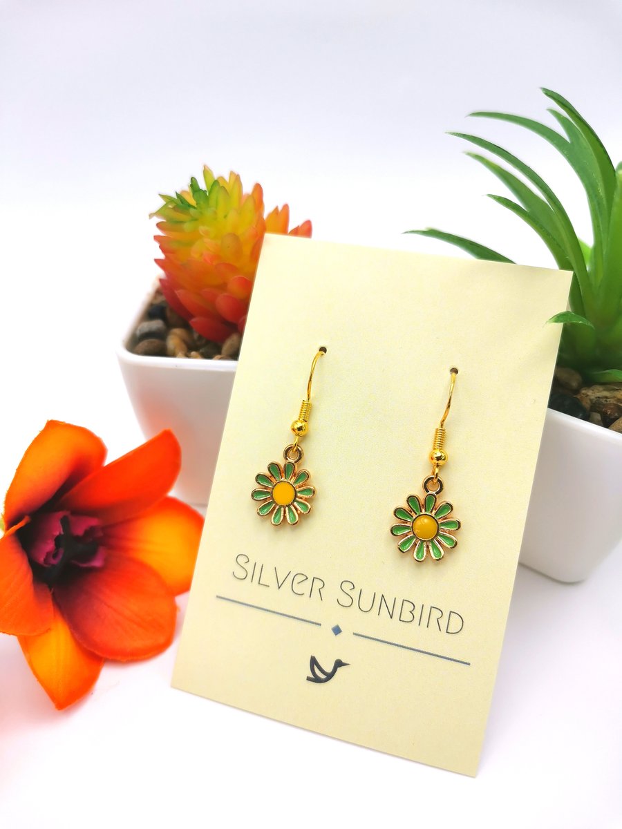 Daisy Dangle Earrings, Green Daisy Charms, Gold-plated Sterling Silver Hooks