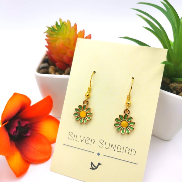 Daisy Dangle Earrings, Green Daisy Charms, Gold-plated Sterling Silver Hooks