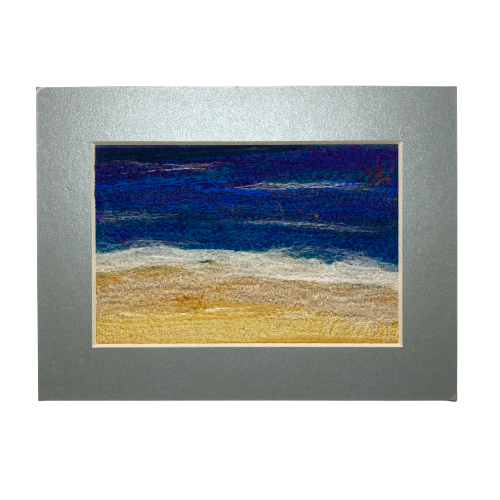 Silk and wool textile art picture, needle felted beach scene 8"x6"mounted
