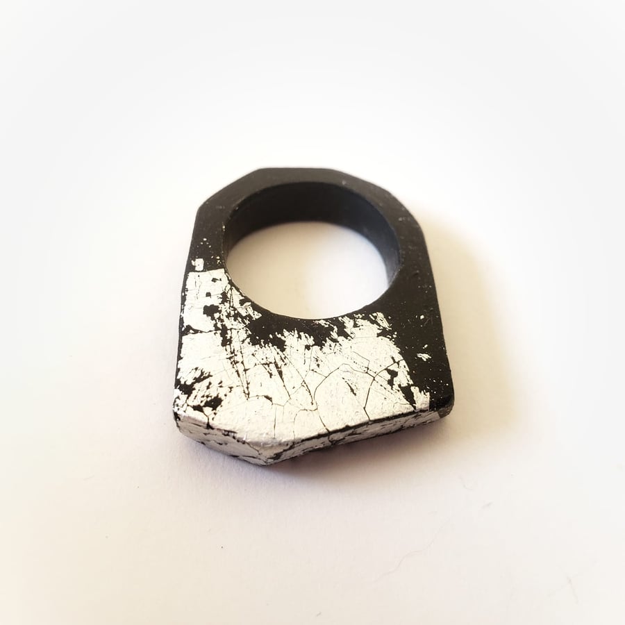 Wabi Sabi Black and silver distressed statement ring size N
