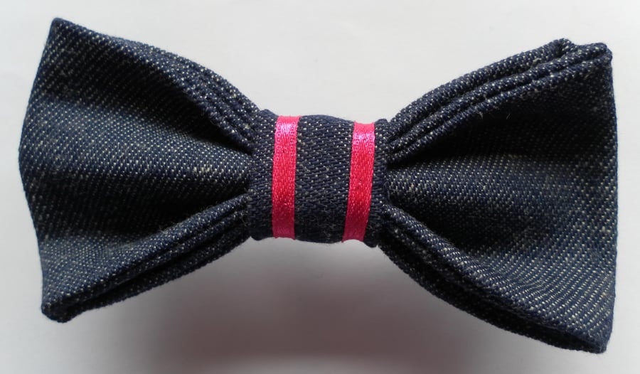 Blue Denim Bow with Dark Pink Ribbon, Hair Clip, Brooch