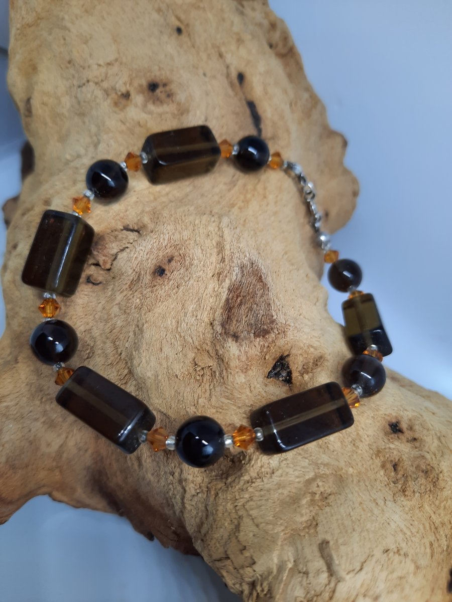 Smokey Quartz & Austrian Crystal Gemstone Bracelet