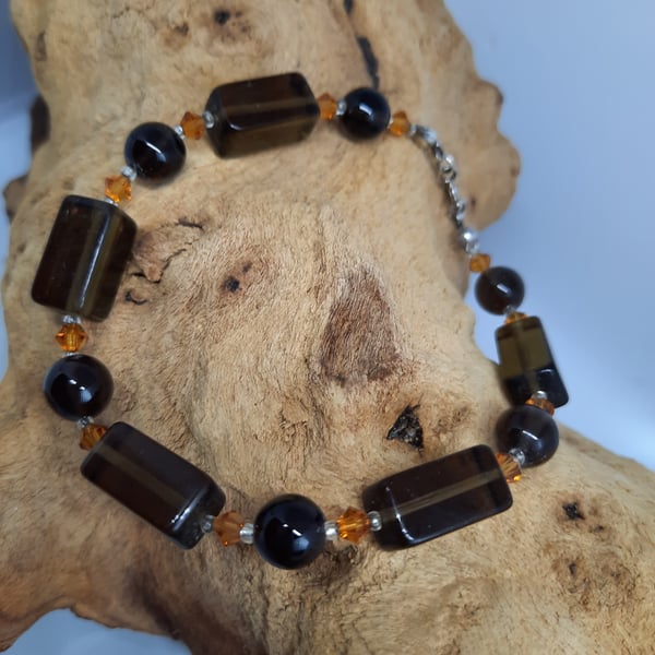 Smokey Quartz & Austrian Crystal Gemstone Bracelet