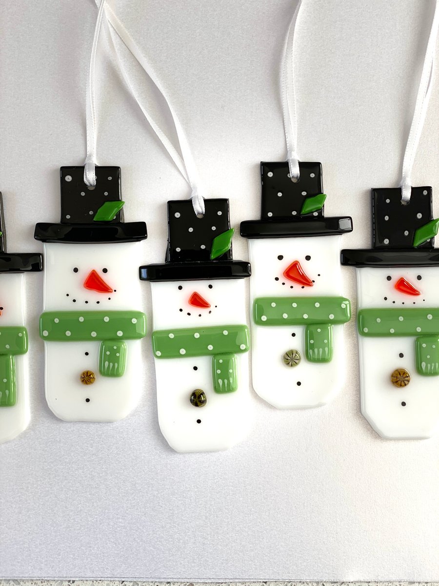 Fused glass snowmen- Christmas hanging decorations 