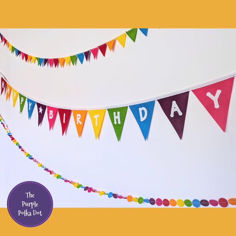 Happy birthday bunting handmade from wool blend felt in bright rainbow colours