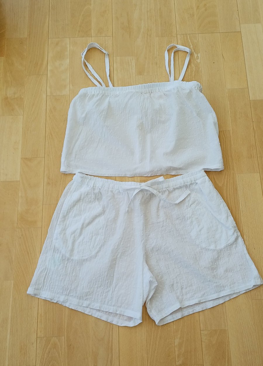White cotton gauze cheesecloth pyjama playsuit shorts and camisole top size 12