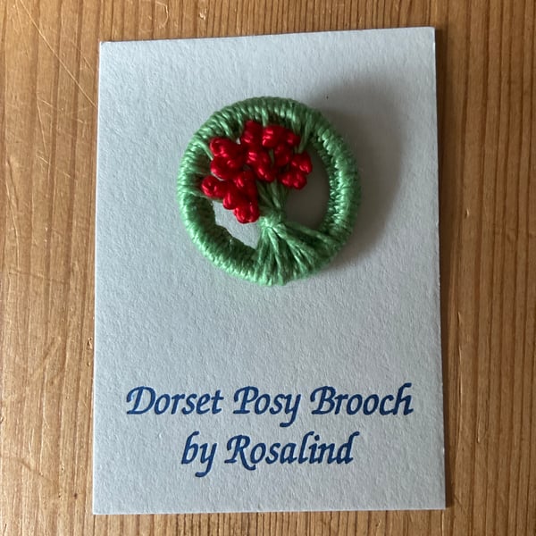 Dorset Posy Brooch, Light Green with Red Flowers, P3