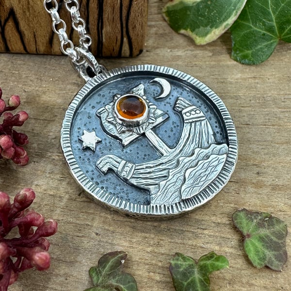 Viking Ship Coin Pendant with Citrine