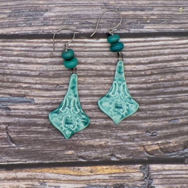 Handmade Green Ceramic Dangle Earrings, Effetre Glass, Hypoallergenic