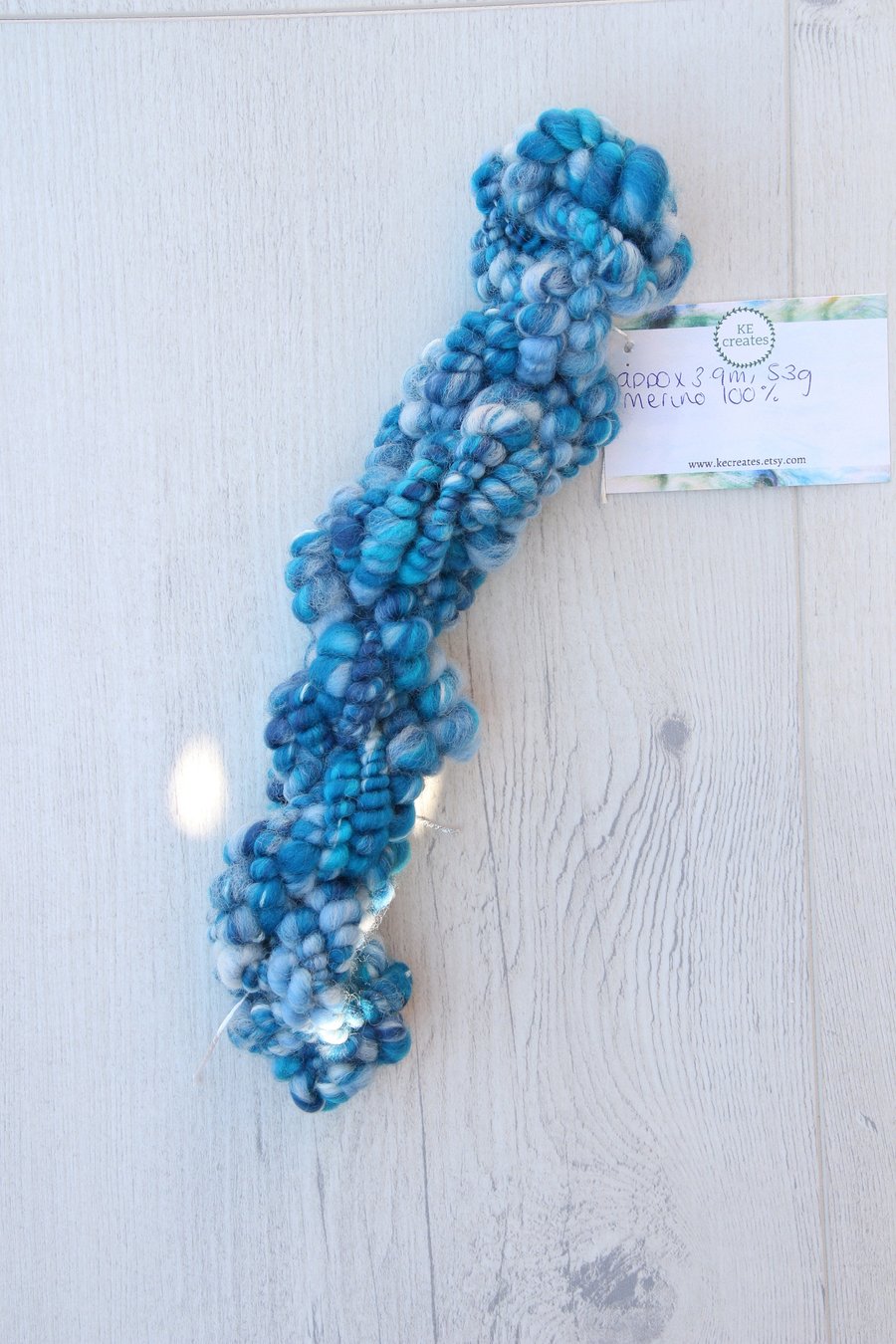 Blue Handspun Art Yarn, Coiled Beehive Yarn, Chunky Merino Spindle Spun Yarn