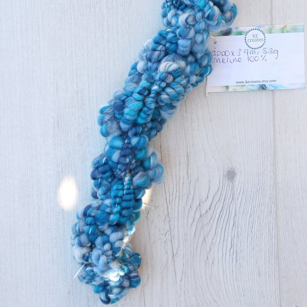 Blue Handspun Art Yarn, Coiled Beehive Yarn, Chunky Merino Spindle Spun Yarn
