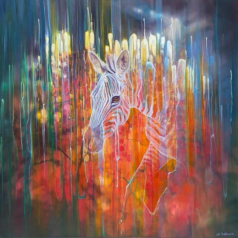 Zebra Queen is a contemporary semi-abstract wildlife painting of a magical zebra