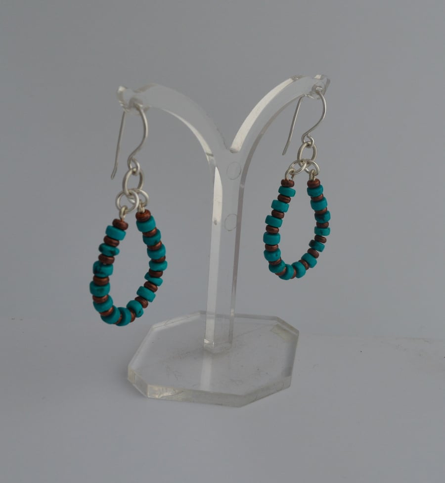 BEADED STERLING SILVER TEARDROP EARRING, Turquoise and Copper, Gifts for Women