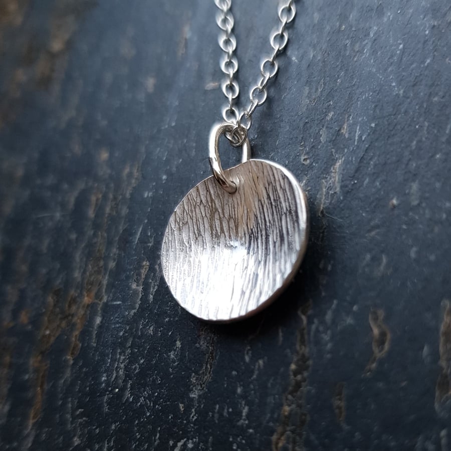 Silver necklace - Sterling silver bark texture domed disc necklace