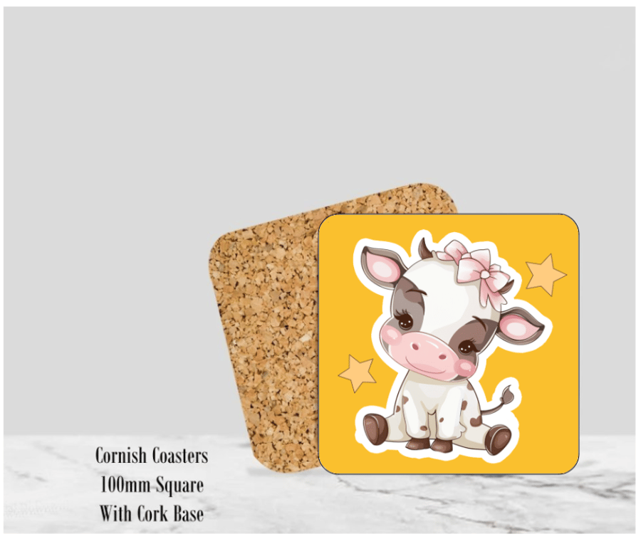 Yellow Happy Cow Coaster 4" Square With Cork Base