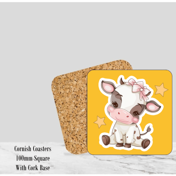 Yellow Happy Cow Coaster 4" Square With Cork Base