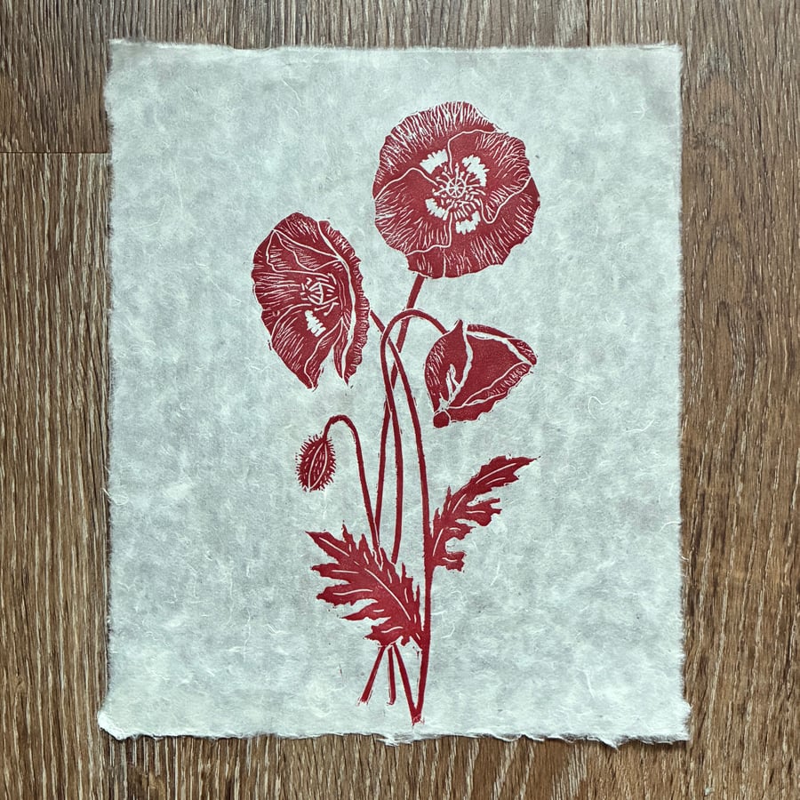 PERFECTLY IMPERFECT Wild poppies original linocut print in red