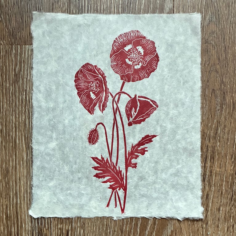 PERFECTLY IMPERFECT Wild poppies original linocut print in red