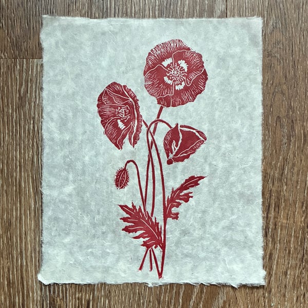 PERFECTLY IMPERFECT Wild poppies original linocut print in red