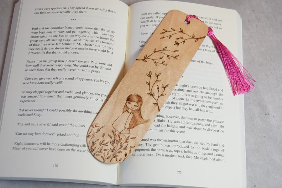 Wooden Pyrography Bookmark - Girl in the Garden