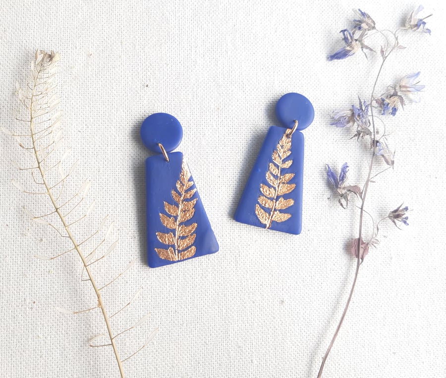 Cobalt blue dangles, Copper leaf imprint earrings, Blue earrings, Fern leaf 