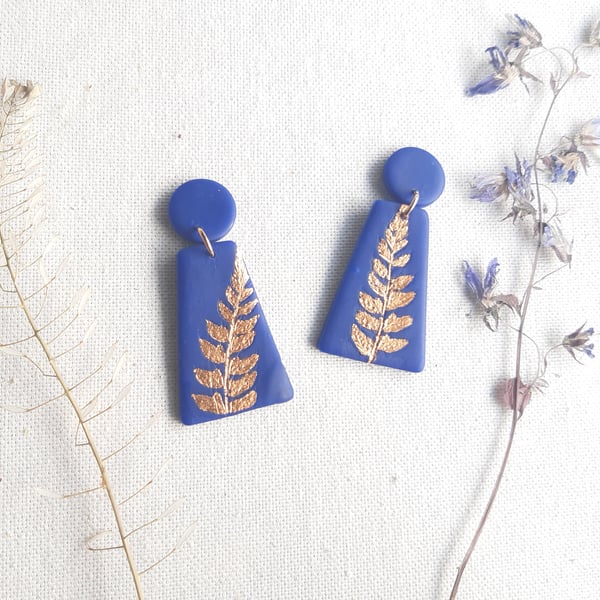 Cobalt blue dangles, Copper leaf imprint earrings, Blue earrings, Fern leaf 