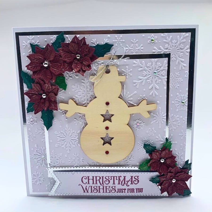 Luxury Handmade Christmas Card - Snowman & Poinsettias, Boxed Keepsake