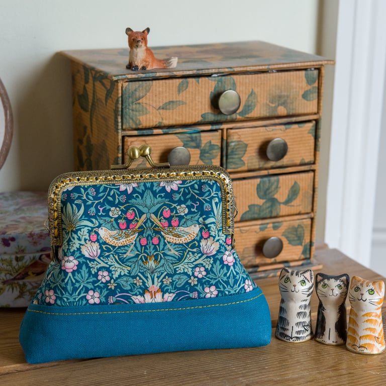 Frame purse made with Liberty lawn, Essex Linen and shot silk, with pocket