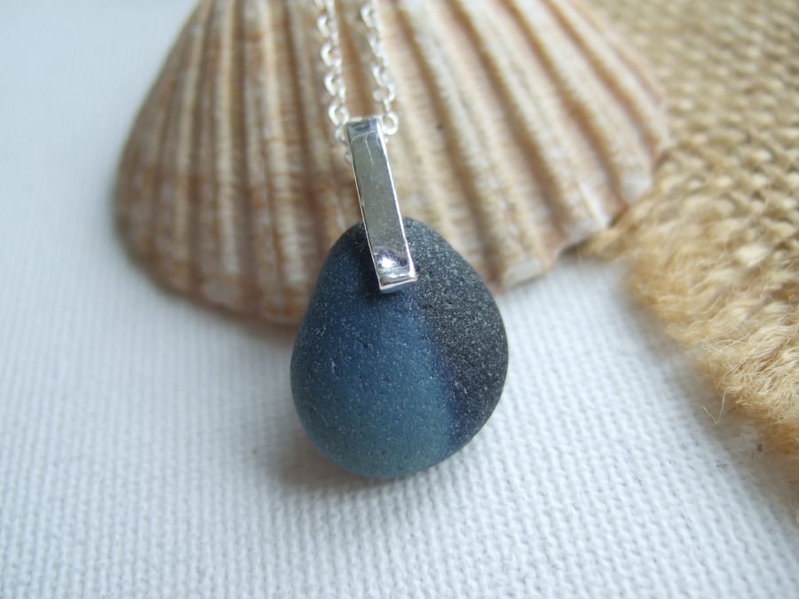 Seaham beach glass necklace, sterling silver bail, galaxy blue black necklace