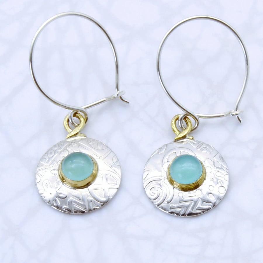 Round contemporary sterling silver earrings, Aqua chalcedony, stone choice, sml.