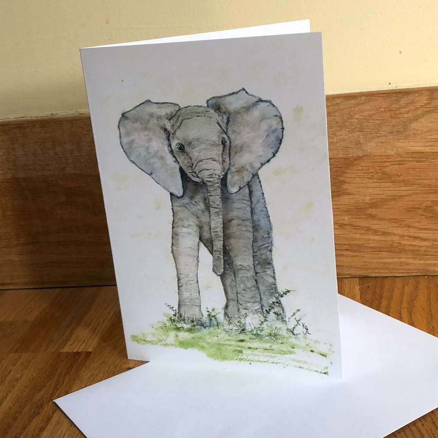  A5 blank card of my original elephant watercolour