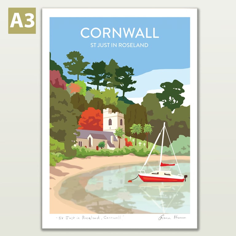 St Just in Roseland, Cornwall, A3 illustrated poster print