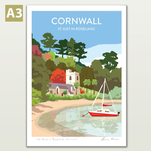St Just in Roseland, Cornwall, A3 illustrated poster print