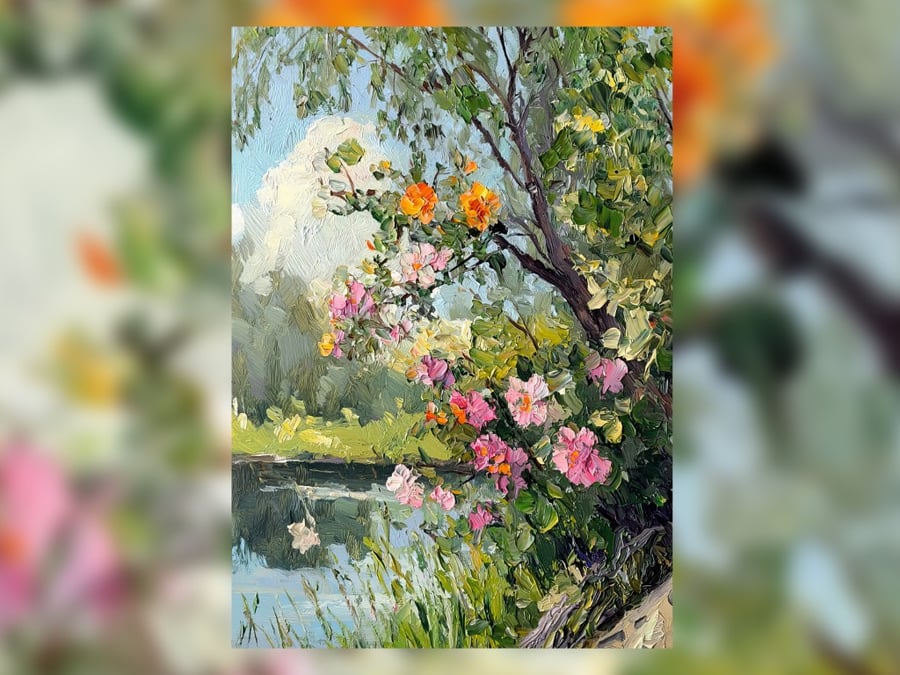 Blooming Tranquility, Vibrant Floral Oil Painting by the Water 5"x7" Matte Print